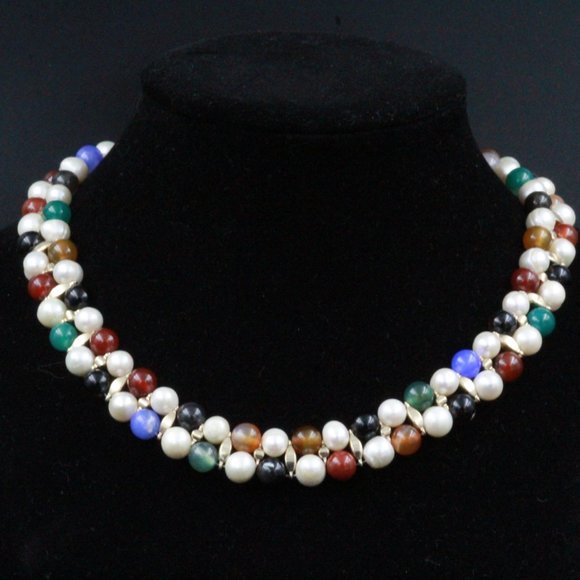 SPECTACULAR MULTI STONE CARNELIAN CHALCEDONY PEARL ONYX TWO ROWS NECKLACE - Picture 3 of 5